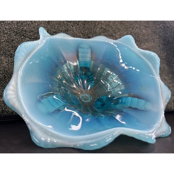 Stunning Opalescent Blue Northwood Glass Klondike Pattern Footed Bowl Antique - Picture 6 of 8